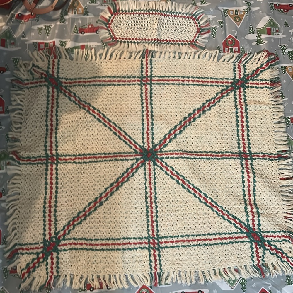 Festive Holiday Decor Tablecloth + matching doily 3 Xmas stockings + hand towel